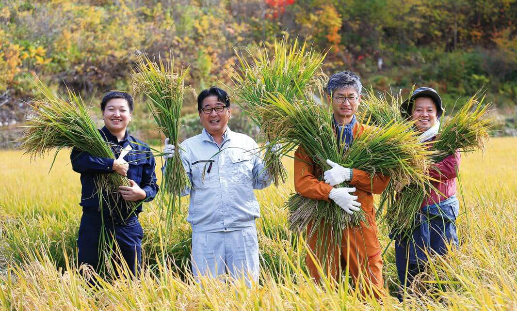 収穫した稲を掲げる人々